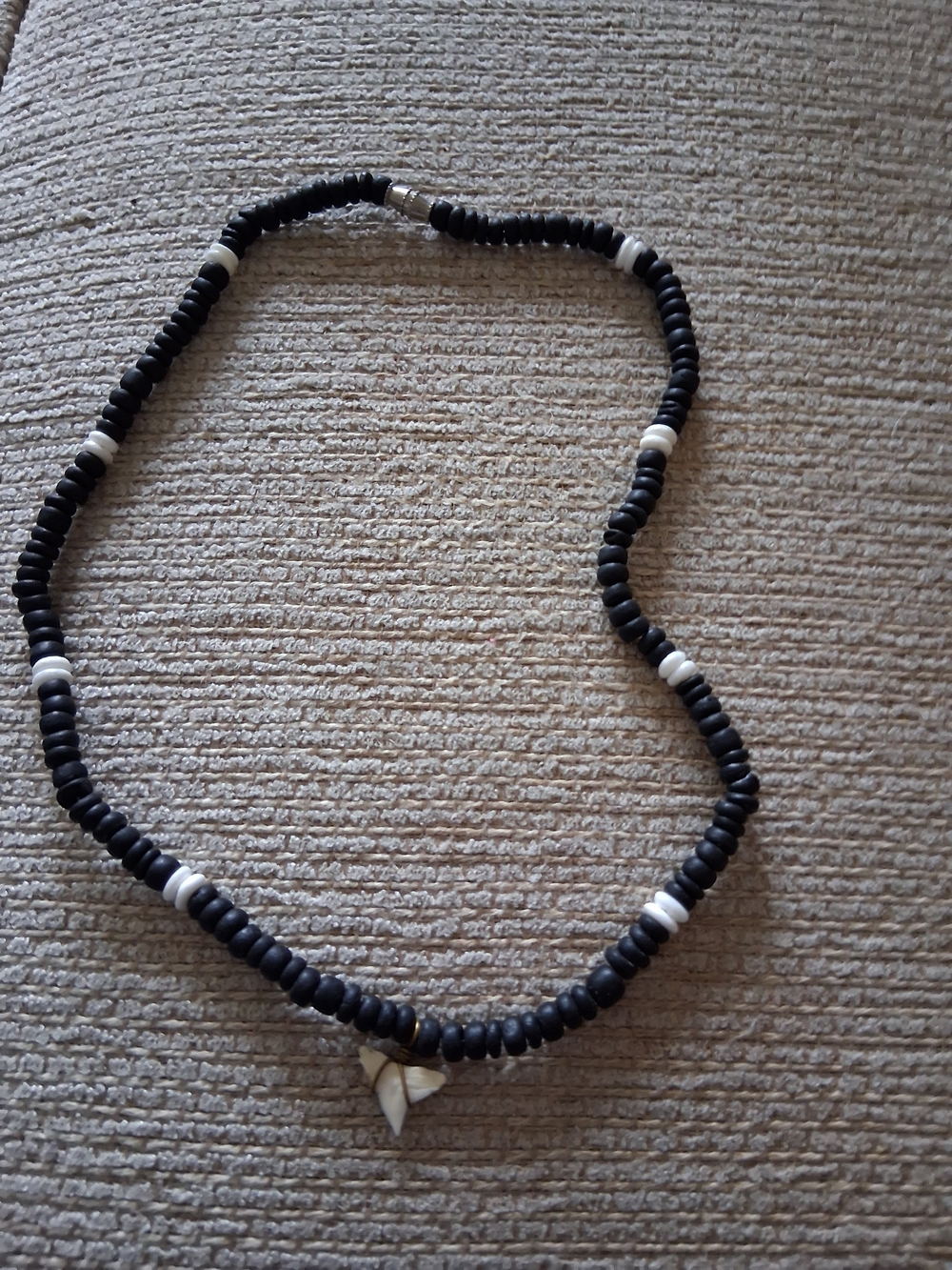 Black and White Beaded Necklace with Shell Accent